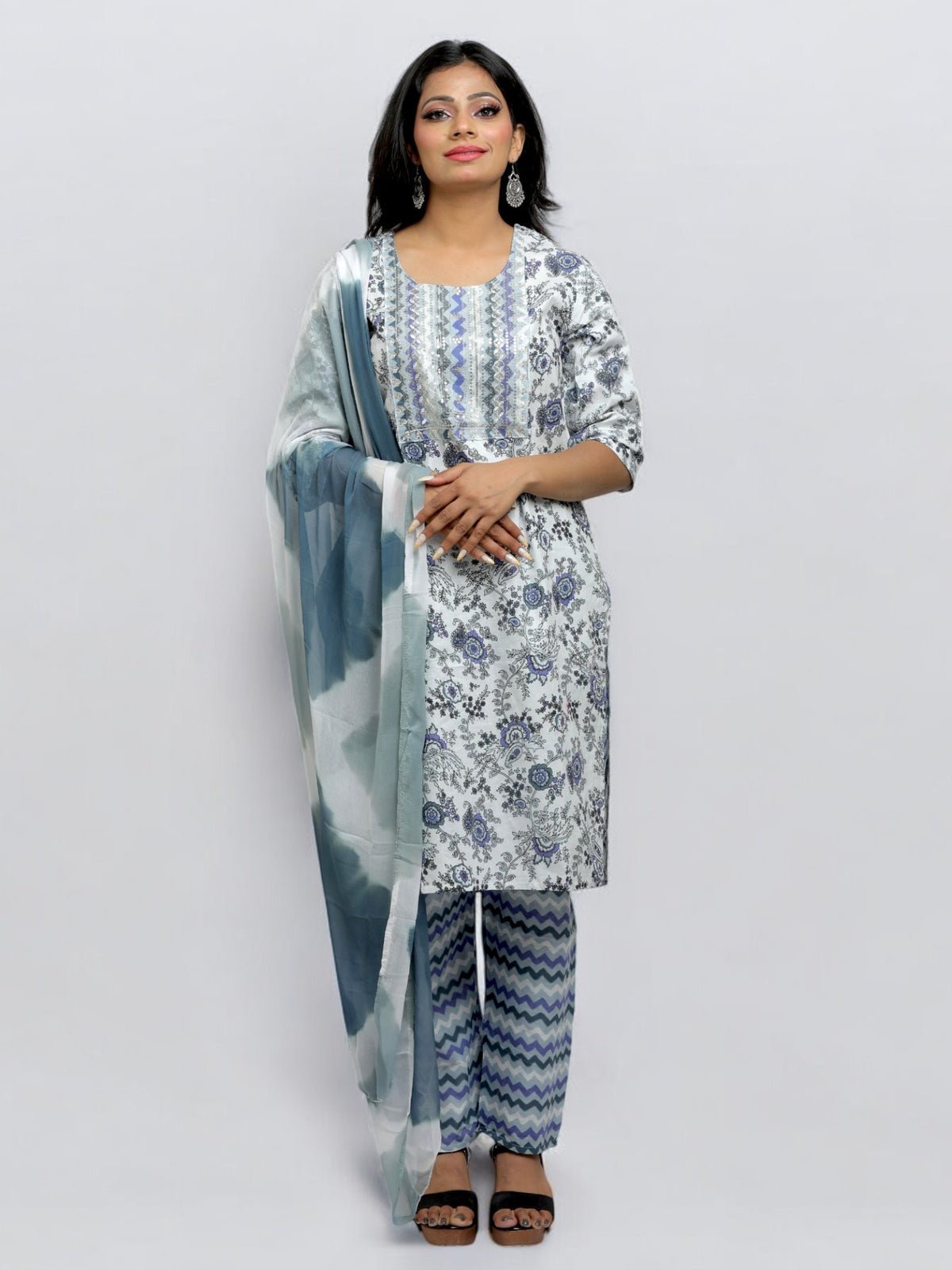 Jiarah A- Line Printed Straight Kurta Palazzo Set with Dupatta