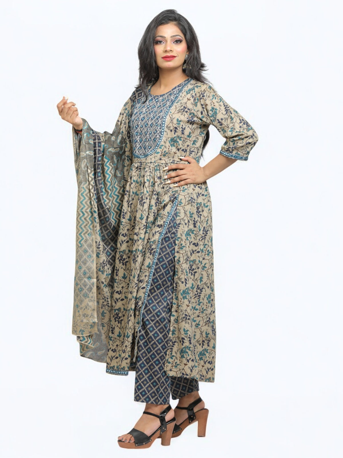 Jiarah A- Line Printed Cotton Straight Kurta Palazzo Set with Dupatta - Grey