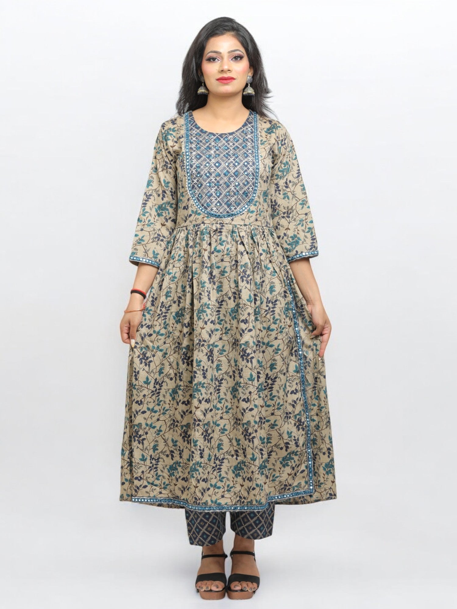 Jiarah A- Line Printed Cotton Straight Kurta Palazzo Set with Dupatta - Mirror Work