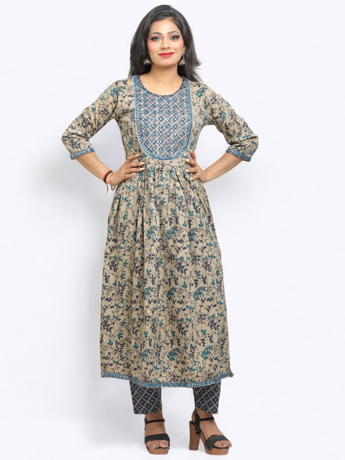 Jiarah A- Line Printed Cotton Straight Kurta Palazzo Set with Dupatta - Blue