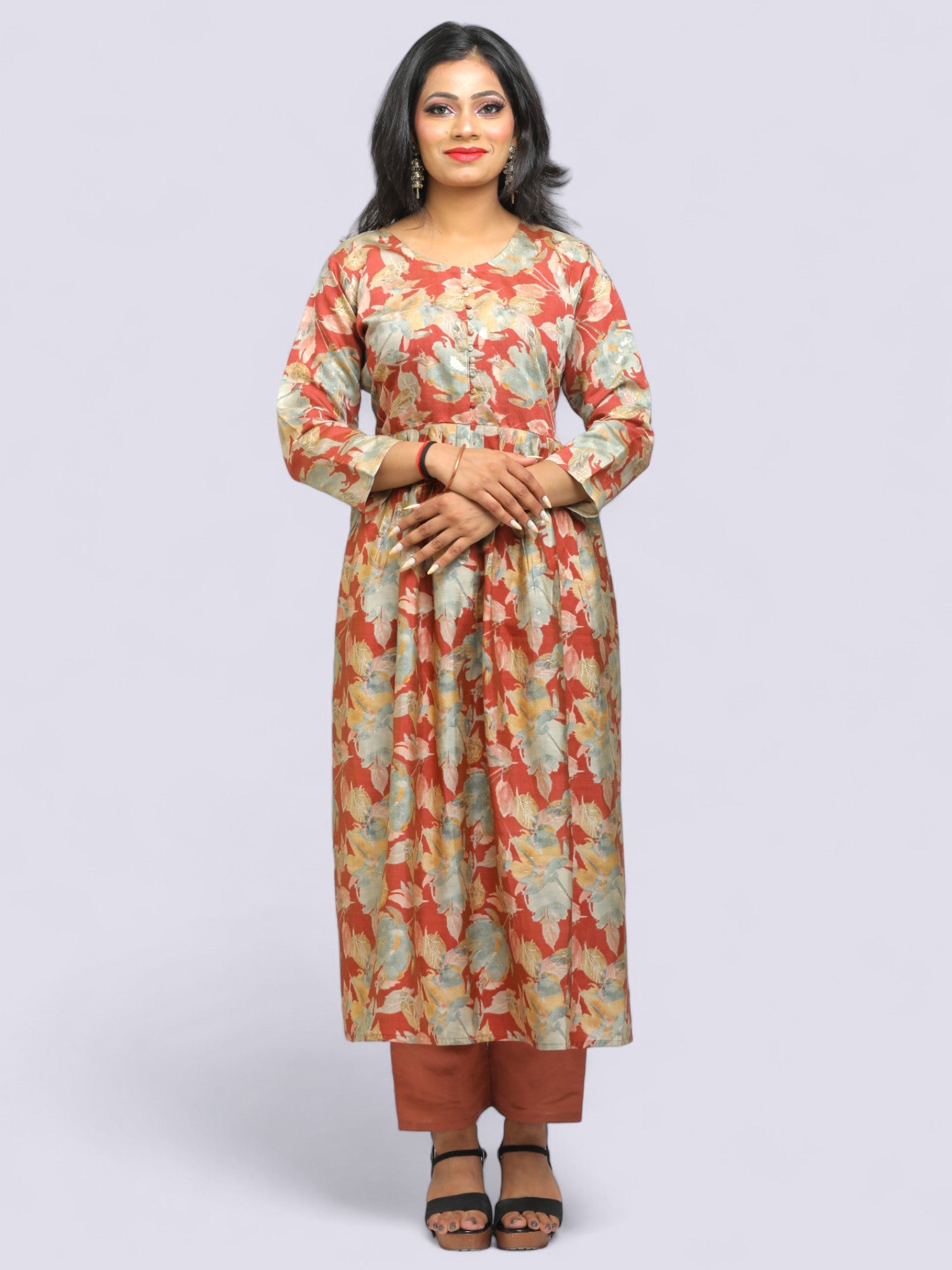 Jiarah Floral Foil Print Anarkali Kurta Set with Dupatta