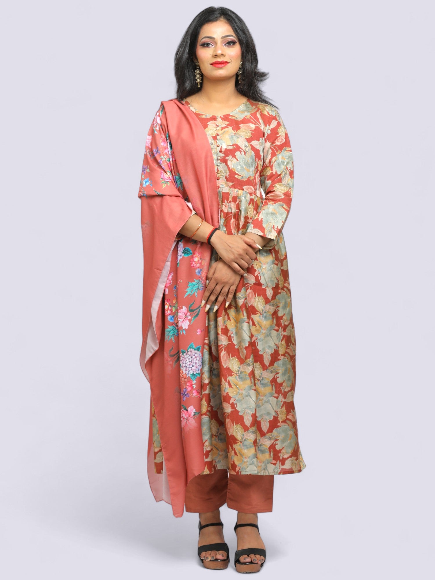 Jiarah Floral Foil Print Anarkali Kurta Set with Dupatta