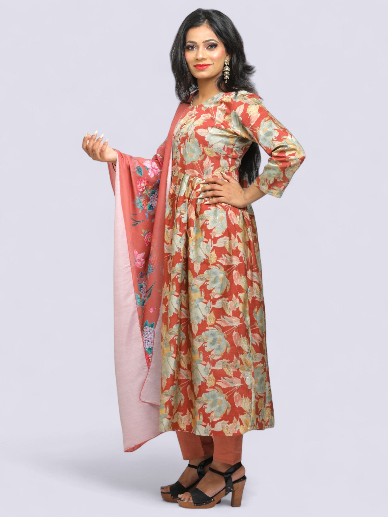 Jiarah Floral Foil Print Anarkali Kurta Set with Dupatta