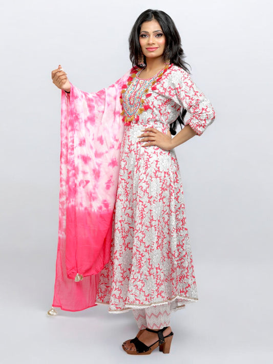 Jiarah Anarkali Cotton Kurta Palazzo Set with Dupatta - Pink