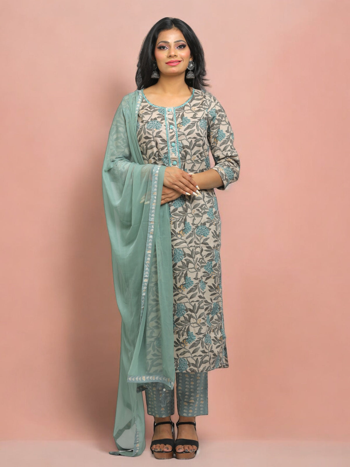 Jiarah Floral Print Pearl Handwork Cotton Kurta Set with Dupatta