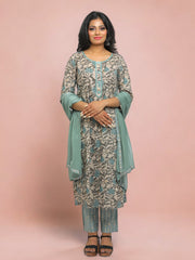 Jiarah Floral Print Pearl Handwork Cotton Kurta Set with Dupatta