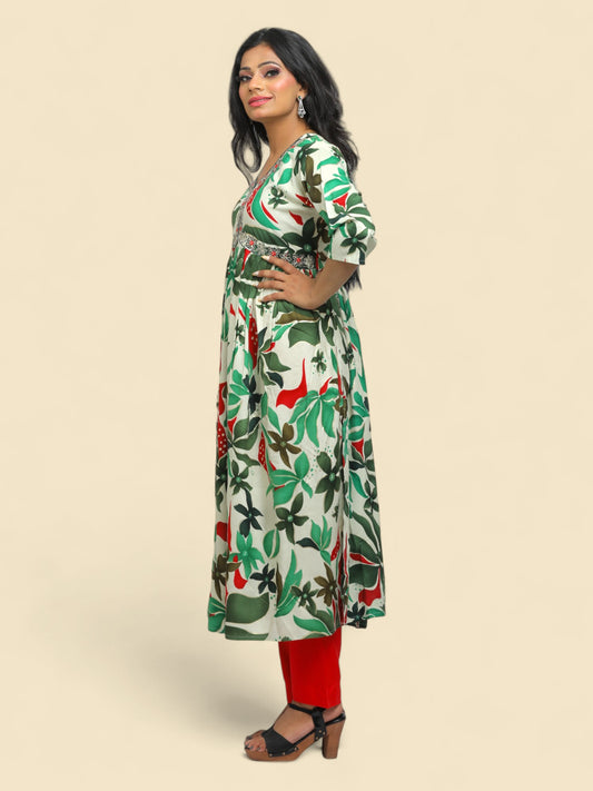 Jiarah Floral Print Sequins Work Paneled Rayon Kurta Pant Set