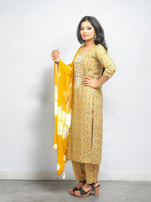 Jiarah Thread Work Batik Print Kurta Pant Set with Dupatta