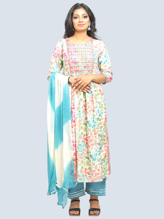 Jiarah Floral Print Sequins Work Kurta Set with Dupatta