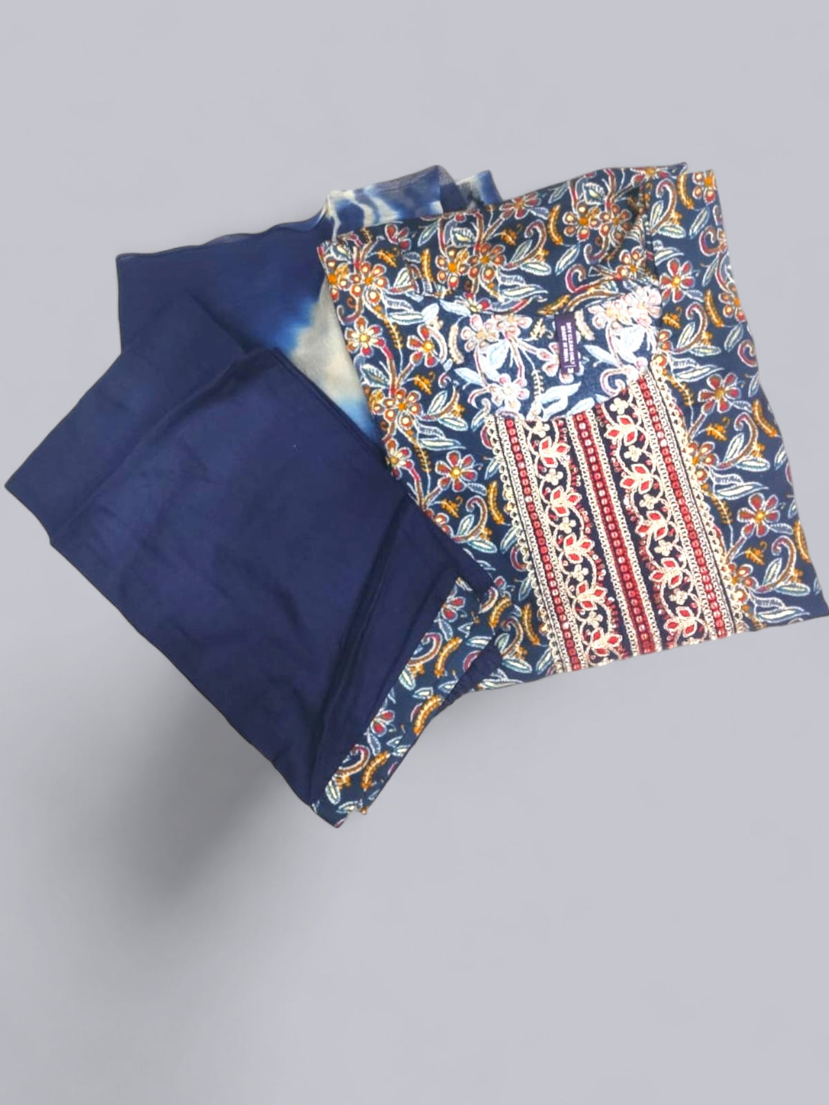 Jiarah Handwork Embroidery Foil Print Muslin Cotton Kurta Pant Set with Dupatta