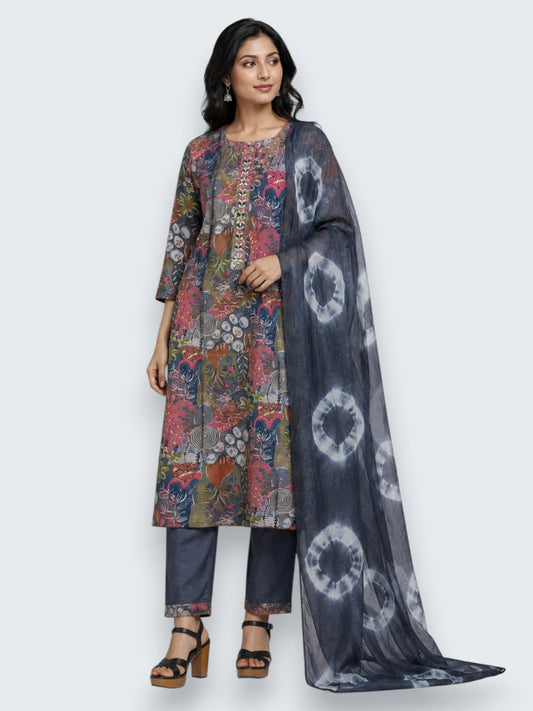 Jiarah Handwork Muslin Cotton Kurta Pant Set with Dupatta