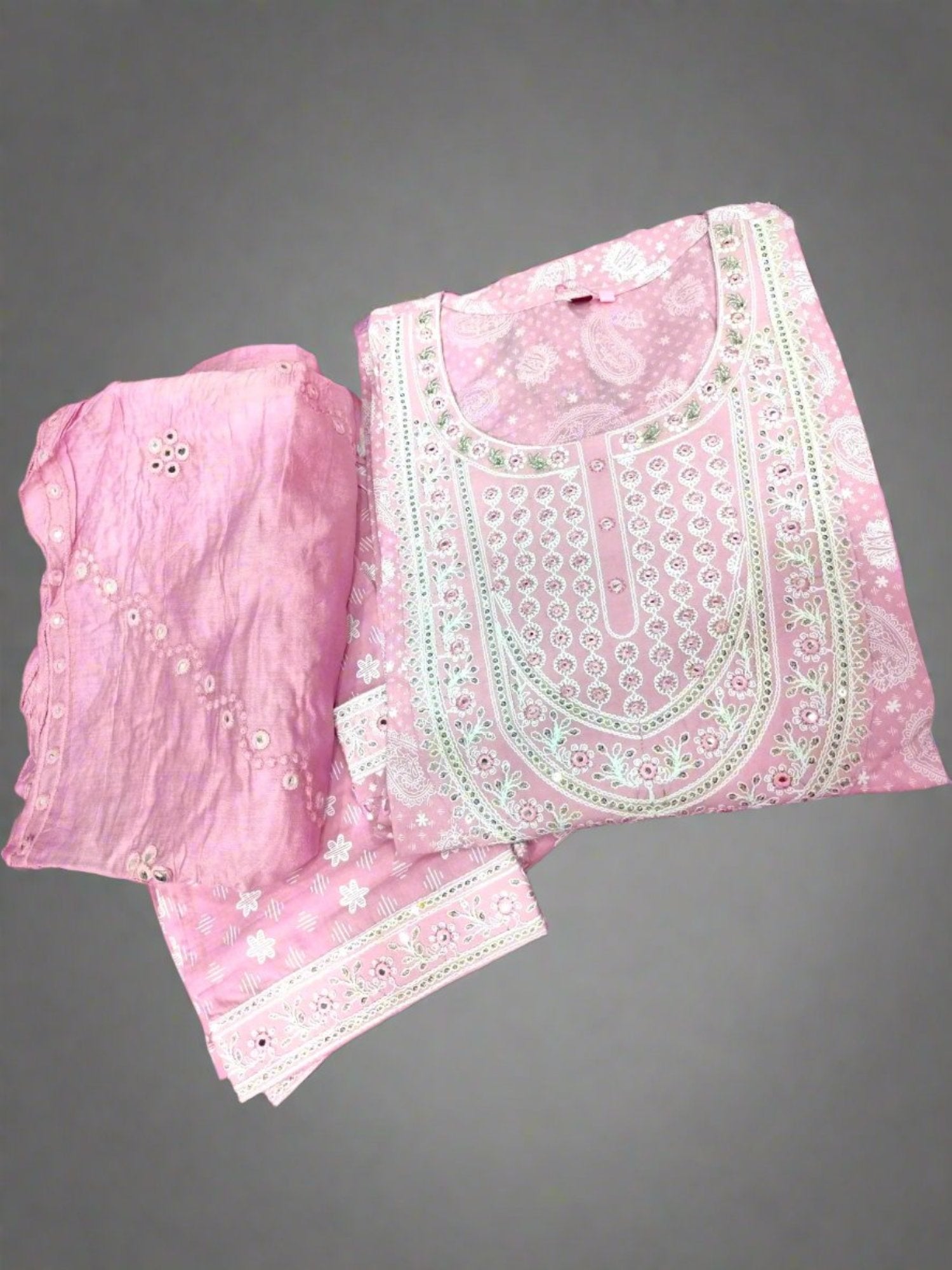 Jiarah Chikankari Print A-Line Kurta Pant Set with Lace Mirror Work Dupatta