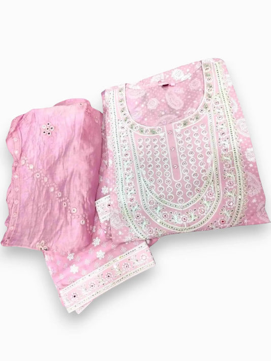 Jiarah Chikankari Print A-Line Kurta Pant Set with Lace Mirror Work Dupatta