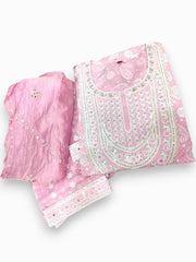 Jiarah Chikankari Print A-Line Kurta Pant Set with Lace Mirror Work Dupatta Jiarah