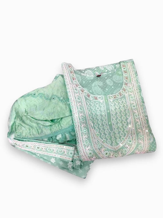 Jiarah Chikankari Print A-Line Kurta Pant Set with Lace Mirror Work Dupatta