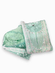 Jiarah Chikankari Print A-Line Kurta Pant Set with Lace Mirror Work Dupatta Jiarah