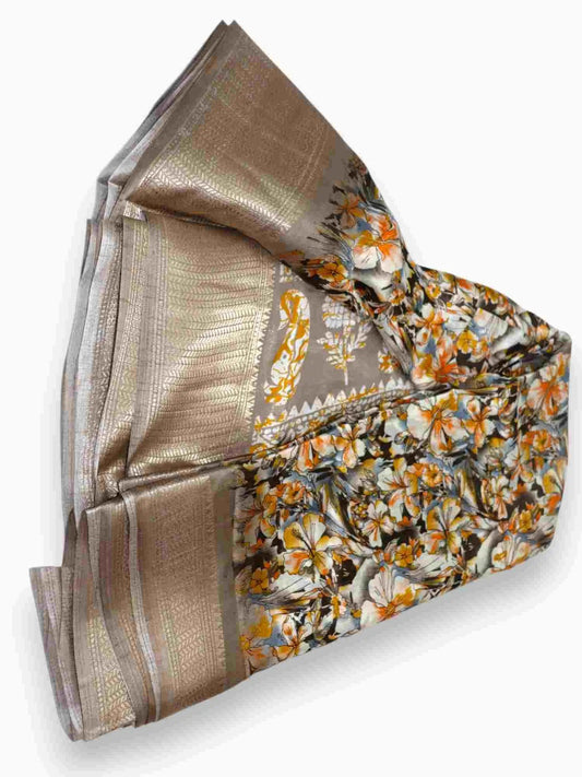 Jiarah Dola Silk With Zari Border Floral Print Saree Jiarah