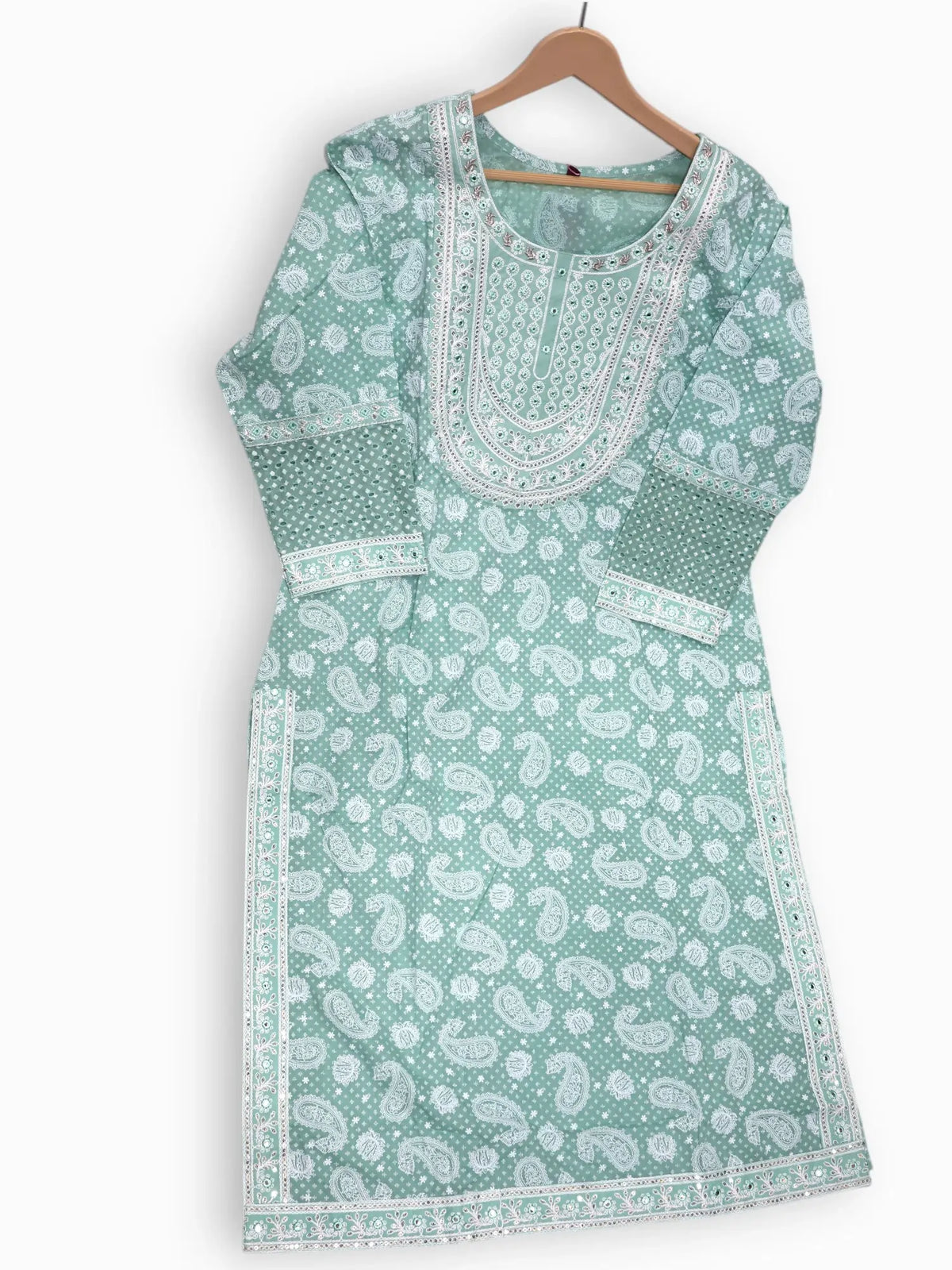 Jiarah Chikankari Print A-Line Kurta Pant Set with Lace Mirror Work Dupatta