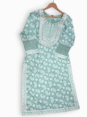 Jiarah Chikankari Print A-Line Kurta Pant Set with Lace Mirror Work Dupatta Jiarah