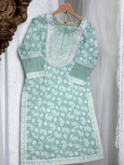 Jiarah Chikankari Print A-Line Kurta Pant Set with Lace Mirror Work Dupatta