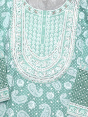 Jiarah Chikankari Print A-Line Kurta Pant Set with Lace Mirror Work Dupatta