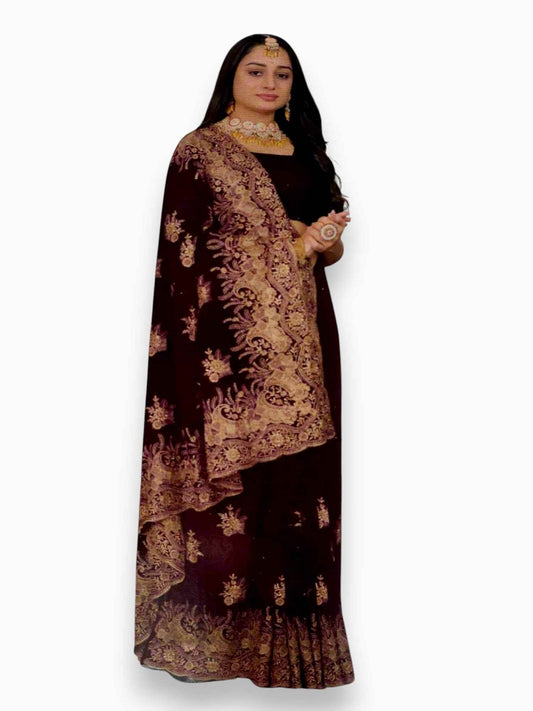 Jiarah Floral Embroidery Thread Work Georgette Bridal Saree
