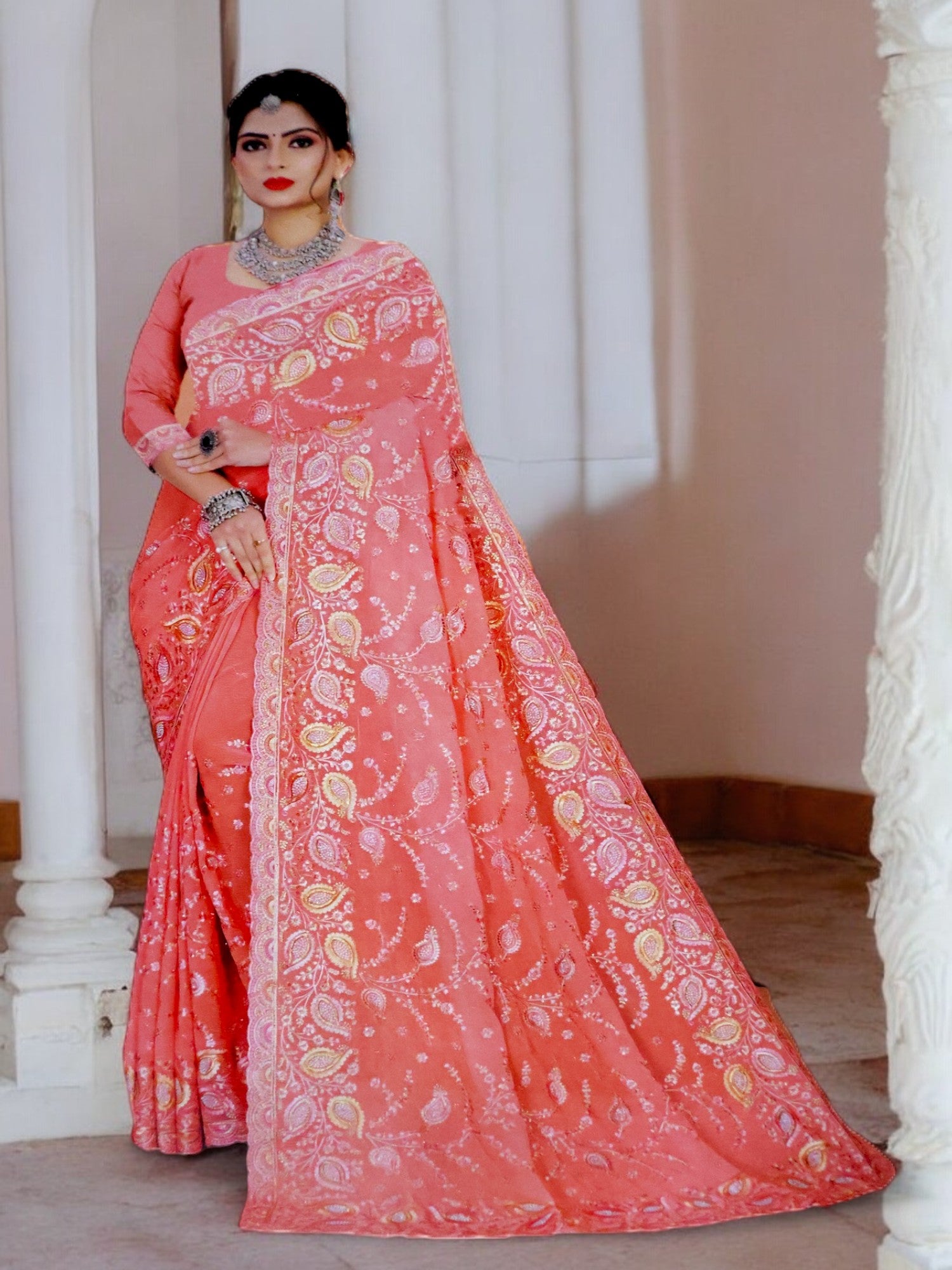 Jiarah Thread Embroidery Red Chiffon Saree