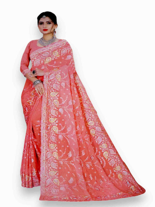 Jiarah Thread Embroidery Red Chiffon Saree