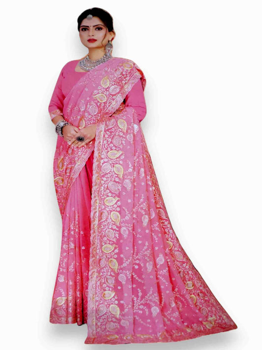 Jiarah Bridal Embroidery Thread Chiffon Saree