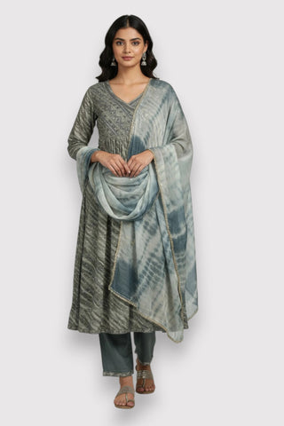 Jiarah Angrakha Lehriya Flared Rayon Kurta Set with Dupatta Jiarah