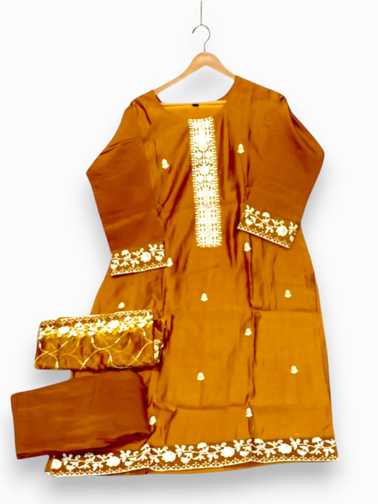 Jiarah Roman Silk Embroidery Thread Work Kurta Set with Dupatta
