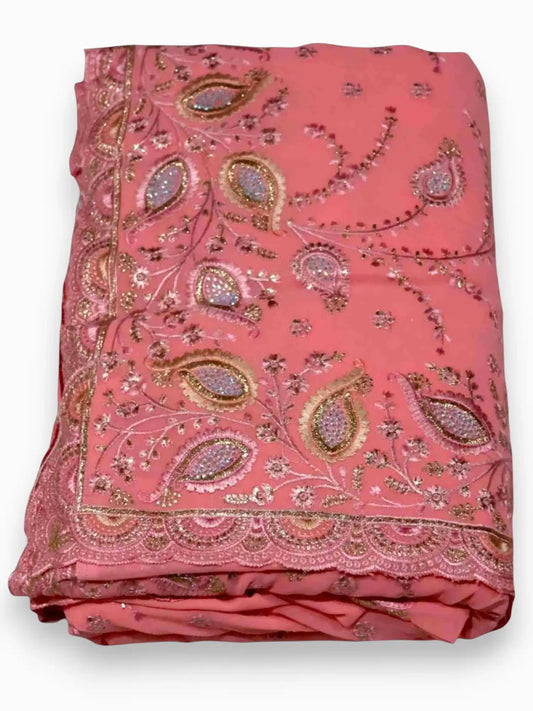 Jiarah Thread Embroidery Red Chiffon Saree