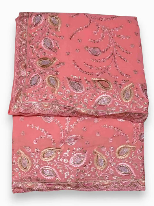 Jiarah Thread Embroidery Red Chiffon Saree