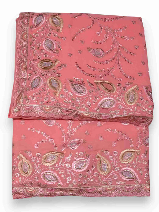 Jiarah Thread Embroidery Red Chiffon Saree