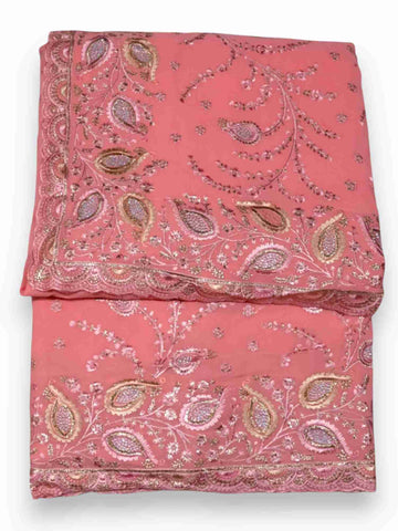 Jiarah Thread Embroidery Red Chiffon Saree