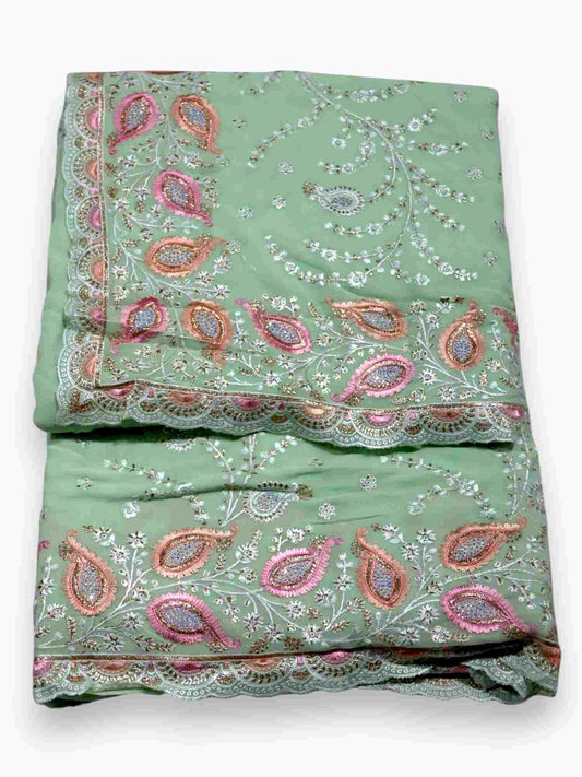 Jiarah Thread Embroidery Chiffon Saree Pista Green