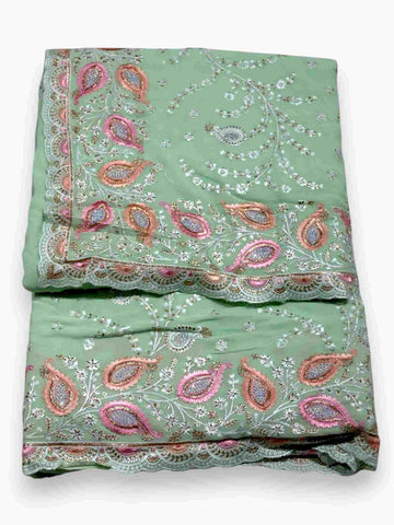 Jiarah Thread Embroidery Chiffon Saree Pista Green