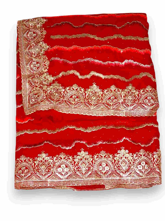 Jiarah Leheriya Heavy Embroidery Thread Work Red Bridal Chiffon Saree