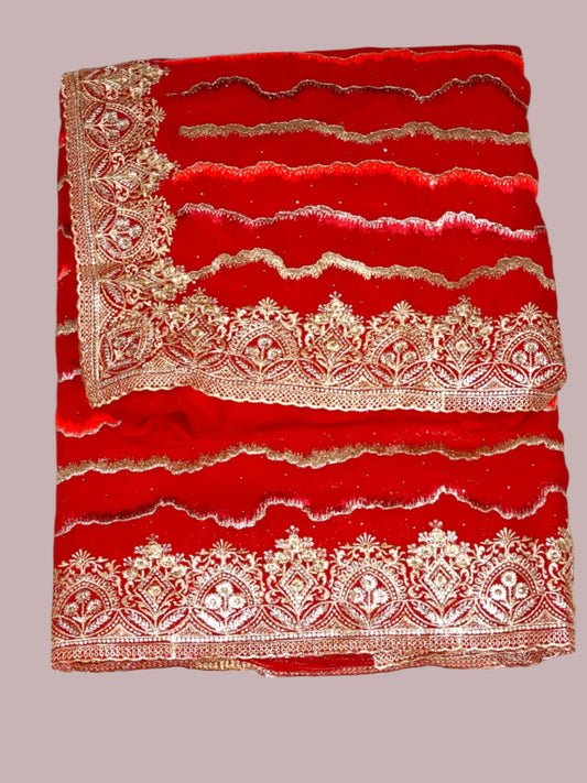 Jiarah Leheriya Heavy Embroidery Thread Work Red Bridal Chiffon Saree