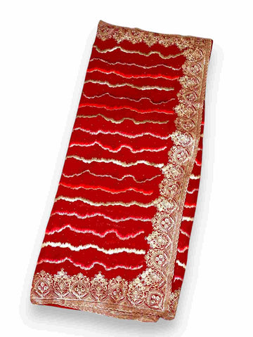 Jiarah Leheriya Heavy Embroidery Thread Work Red Bridal Chiffon Saree