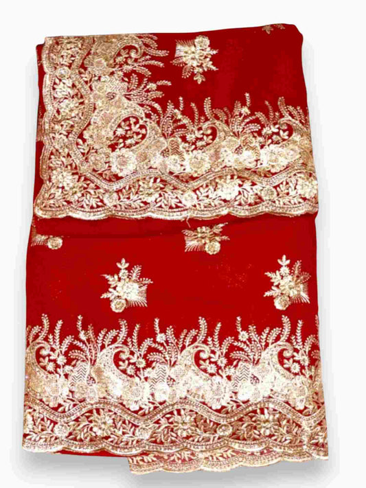 Jiarah Floral Heavy Embroidery Thread Work Georgette Red Bridal Saree