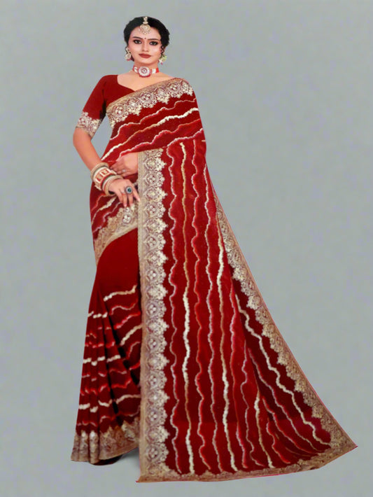 Jiarah Leheriya Heavy Embroidery Thread Work Red Bridal Chiffon Saree