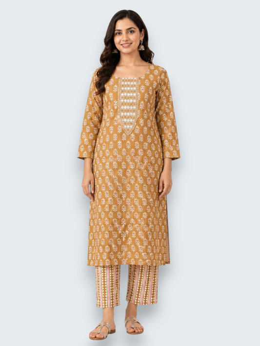 Jiarah Cotton Mirror Work Straight Kurta Palazzo Set