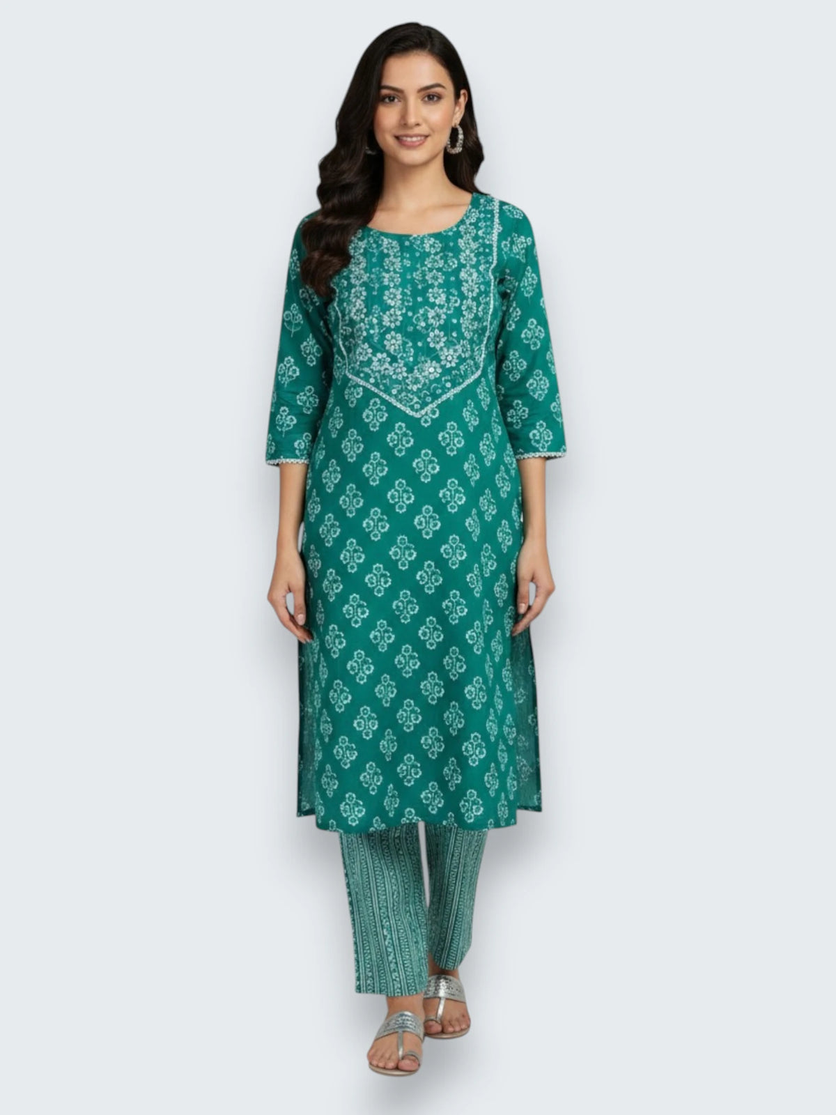 Jiarah Mirror Work Cotton A-line Kurta Palazzo Set