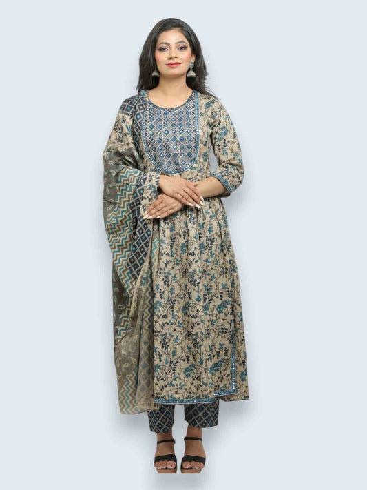 Jiarah A- Line Printed Cotton Straight Kurta Palazzo Set with Dupatta