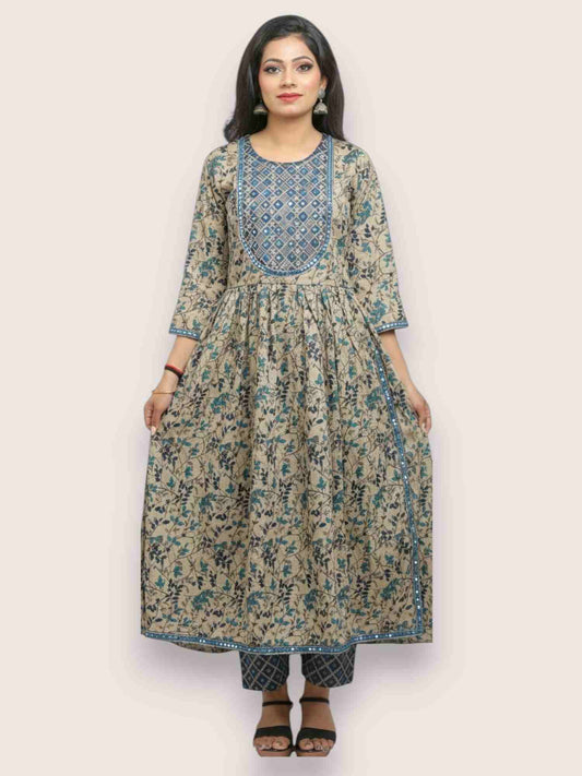 Jiarah A- Line Printed Cotton Straight Kurta Palazzo Set with Dupatta
