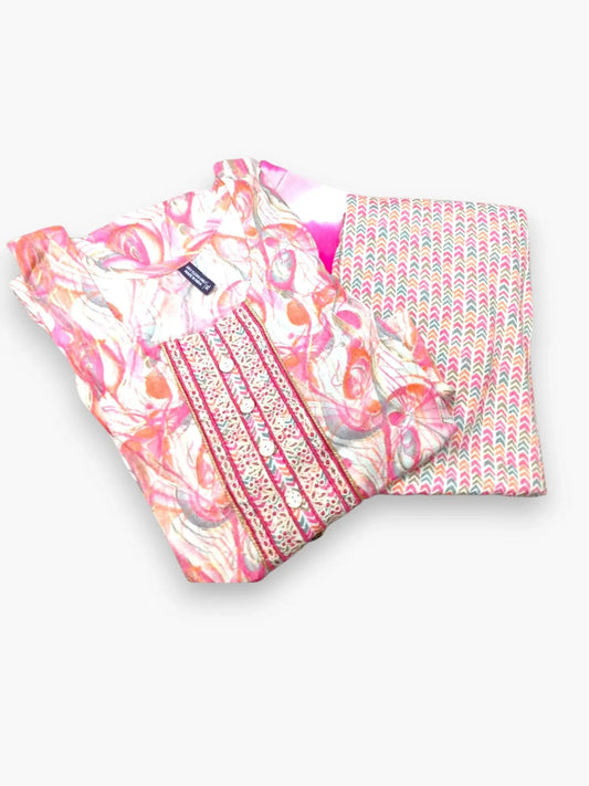 Jiarah Abstract Foil Print Thread Work Rayon Kurta Pant Set with Dupatta