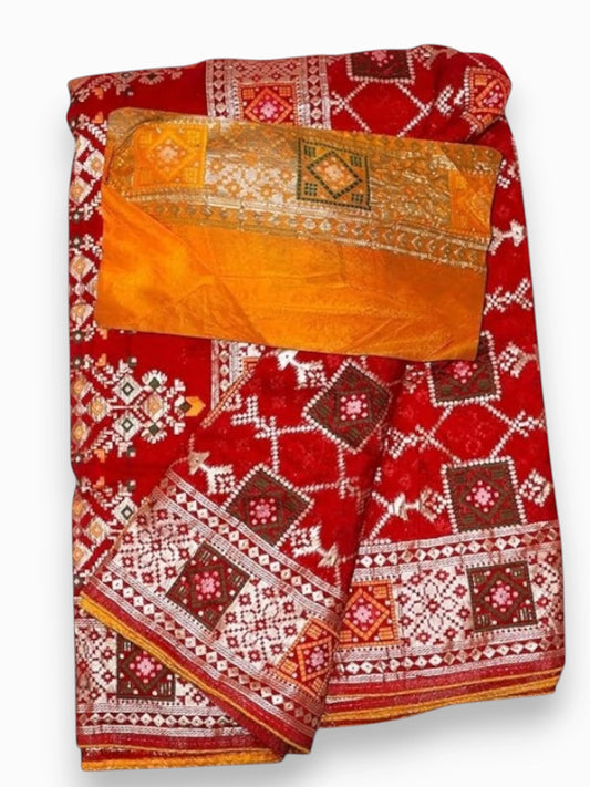 Jiarah Bandhej Patola Minakari Work Silk Saree-Red