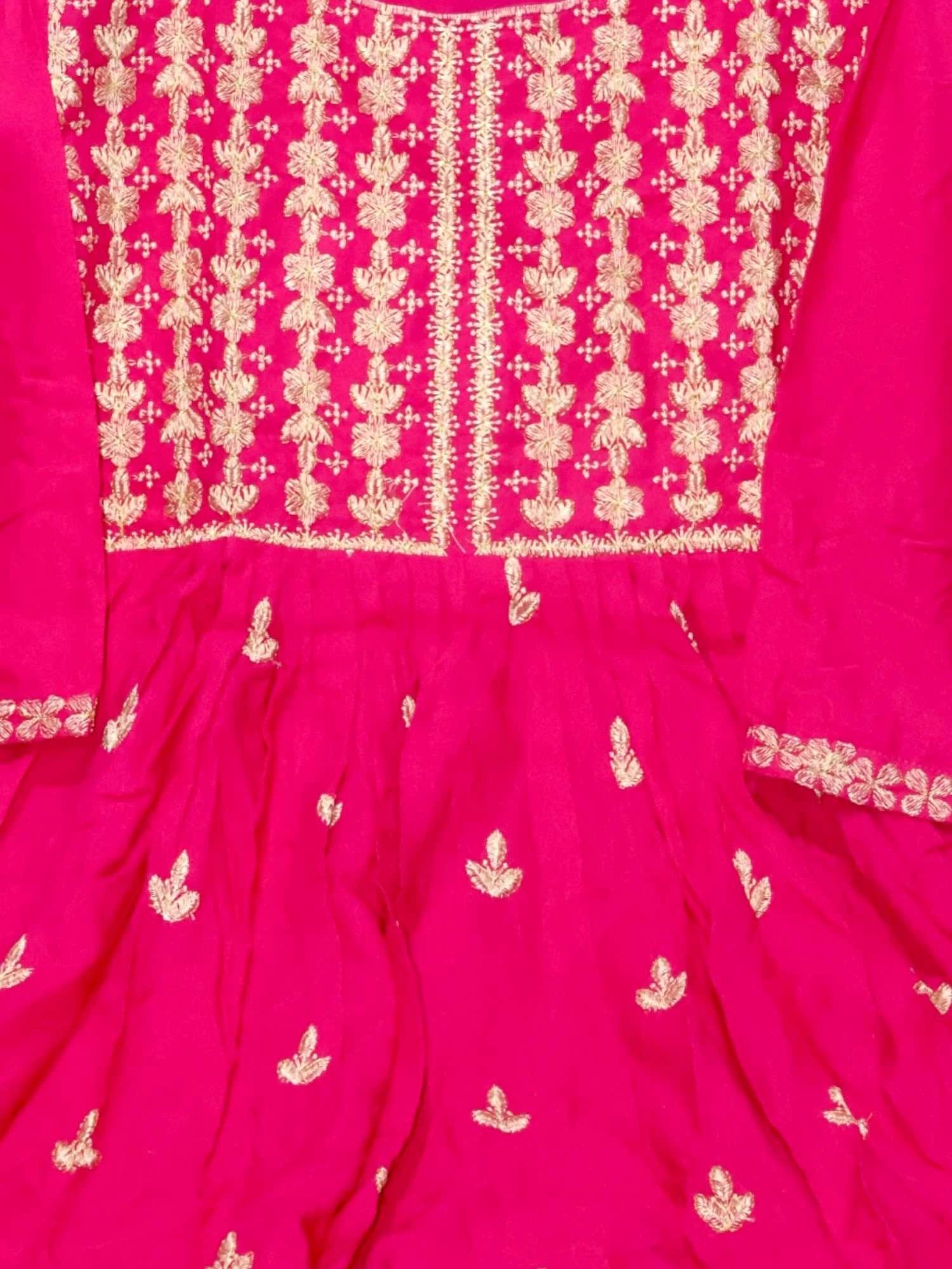 Jiarah Flared Gold Embroidery Thread Work Rayon Kurta Pant Set with Dupatta