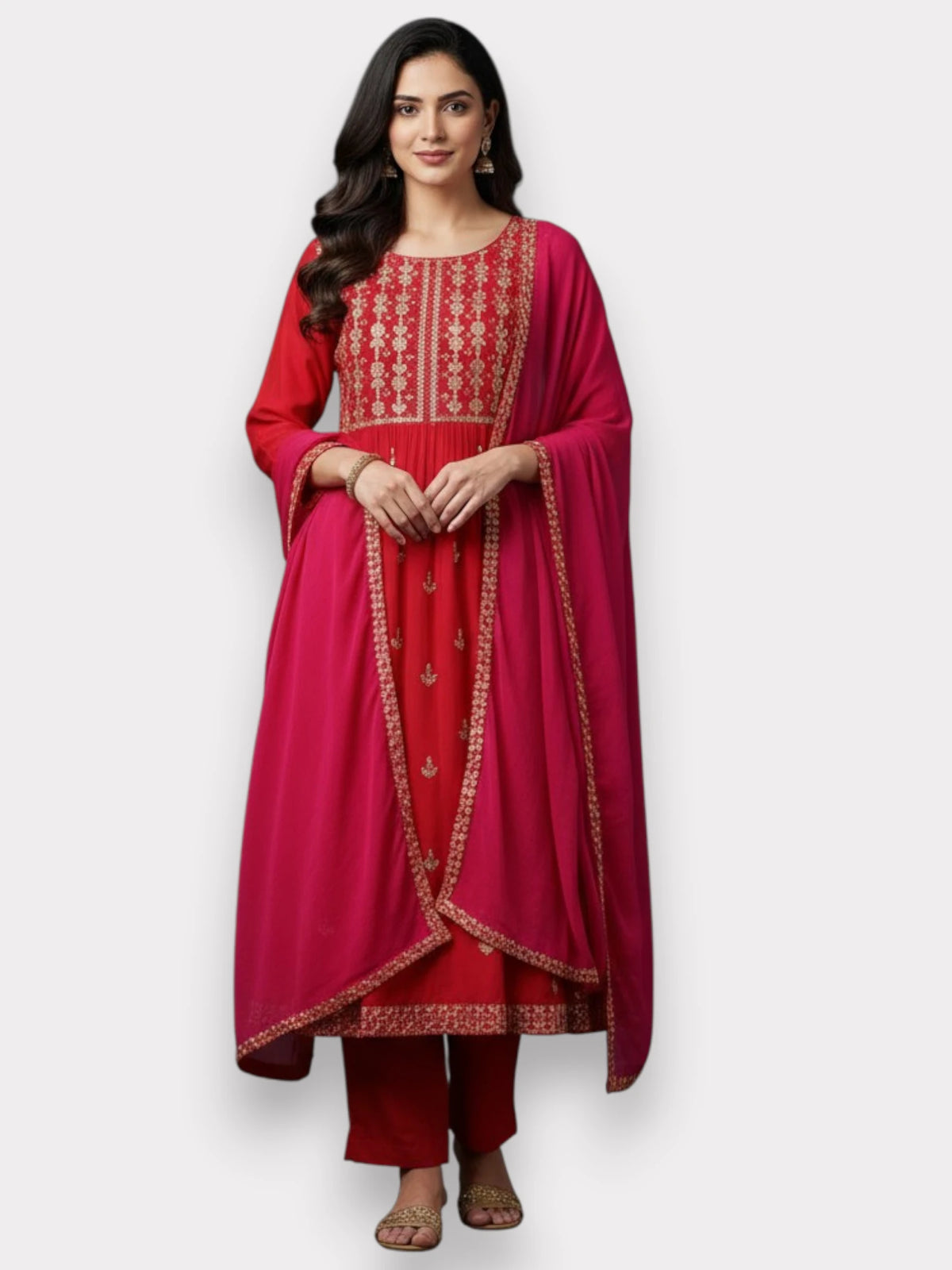 Jiarah Flared Gold Embroidery Thread Work Rayon Kurta Pant Set with Dupatta